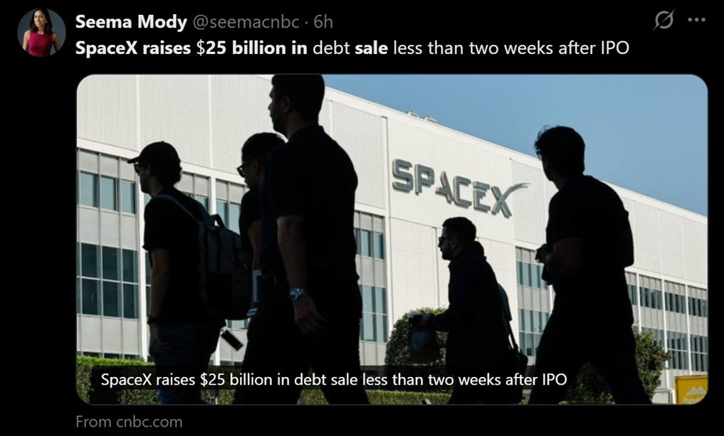 Tweet discussing SpaceX's $25 billion debut bond sale.