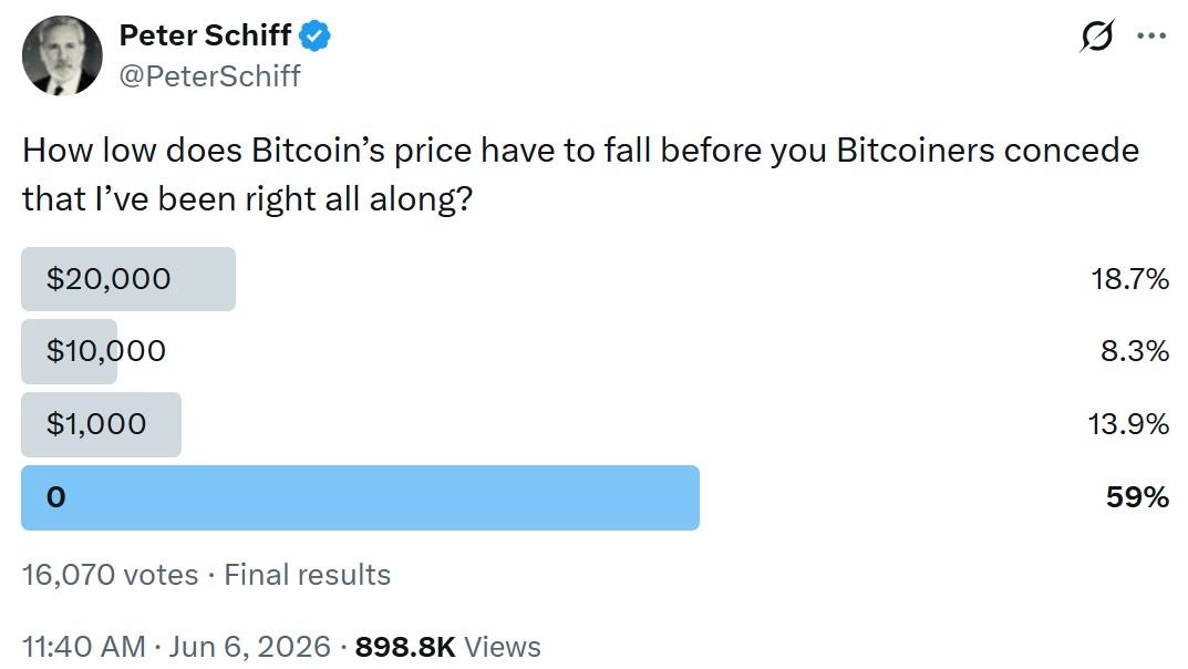 Peter Schiff Poll: Bitcoiners Stand Firm Even if Bitcoin Crashes to $0