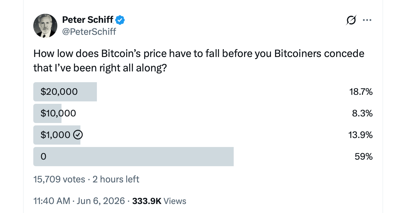 'Bottom Fishers' Lift Bitcoin Above 2026 Low but Schiff Warns the Worst May Still Be Ahead Peter Schiff X post.