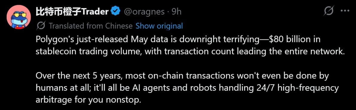 Tweet discussing Polygon's mammoth stablecoin movements over the month of May.