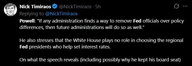 Tweet discussng Powell's Federal Reserve directed comments