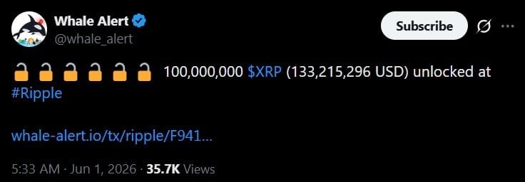 Tweet from Whale Alert discssuing Ripple's June 1 XRP unlock