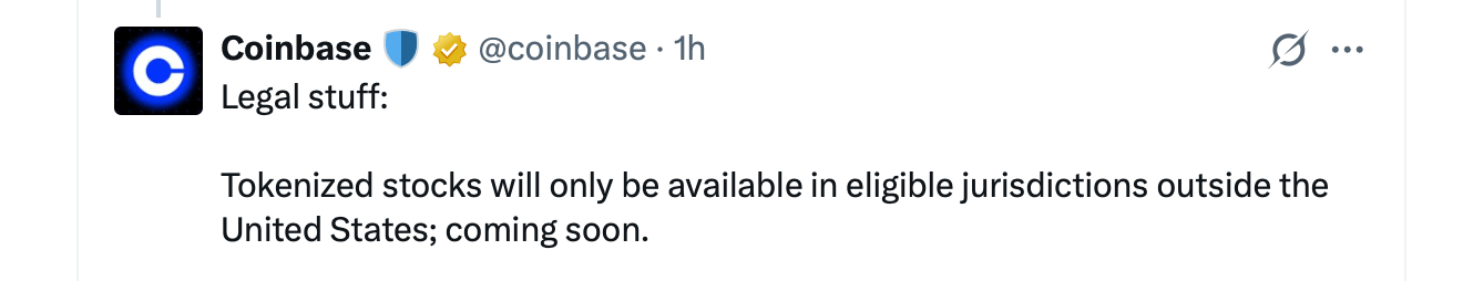 Coinbase Targets Investors With Tokenized Stocks Tied 1:1 to Real Shares Coinbase X post on Tuesday.