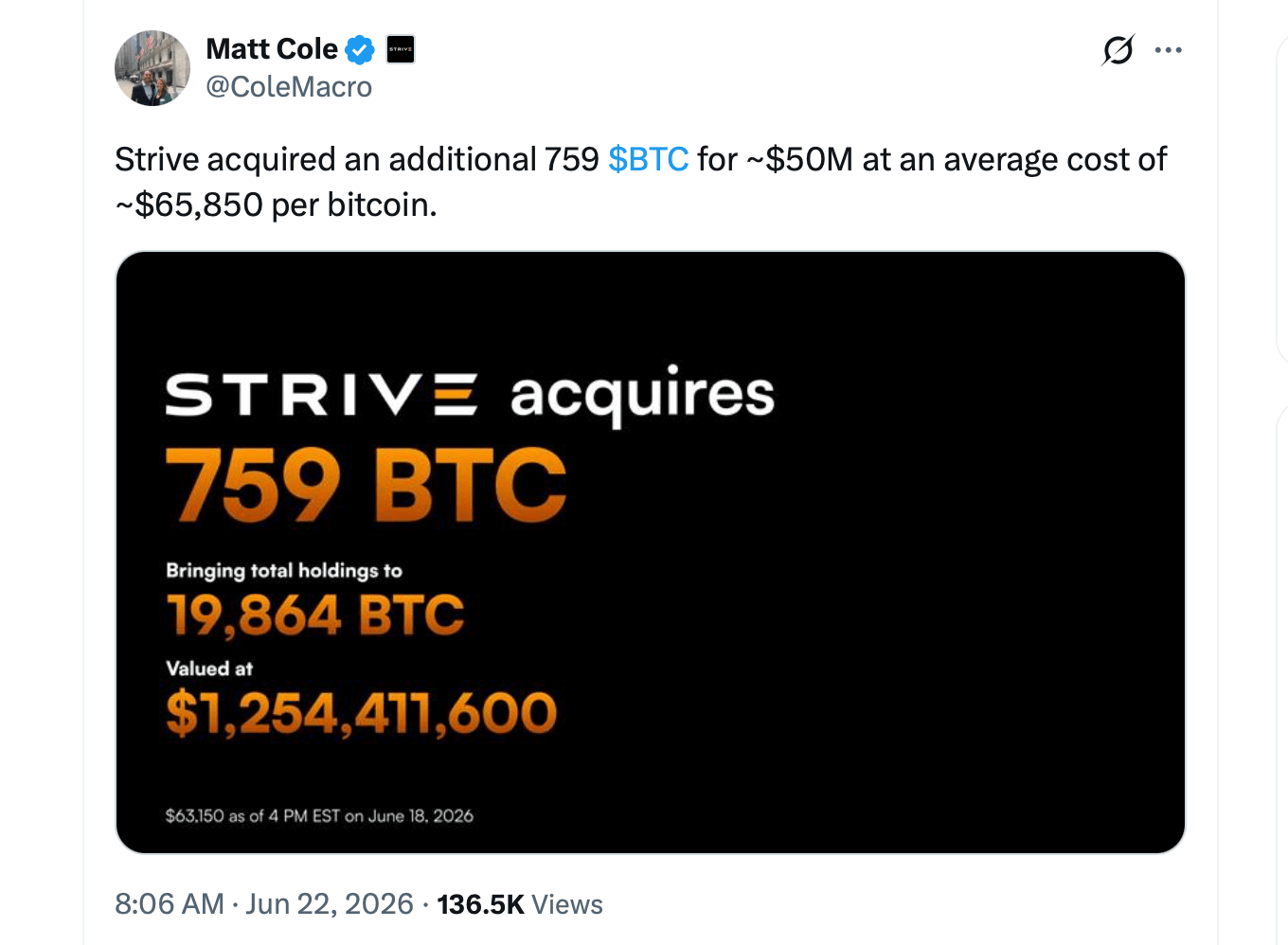 X post from Matt Cole of Strive. 