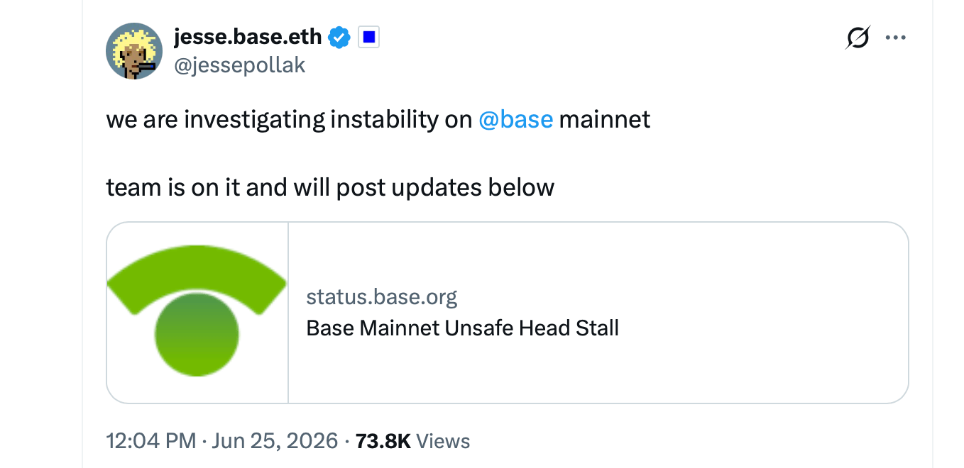 Base Network Stalls After Invalid Block Freezes Sequencer X post on Base outage.