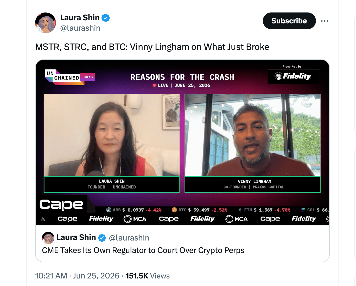 Laura Shin's X post screenshot. 