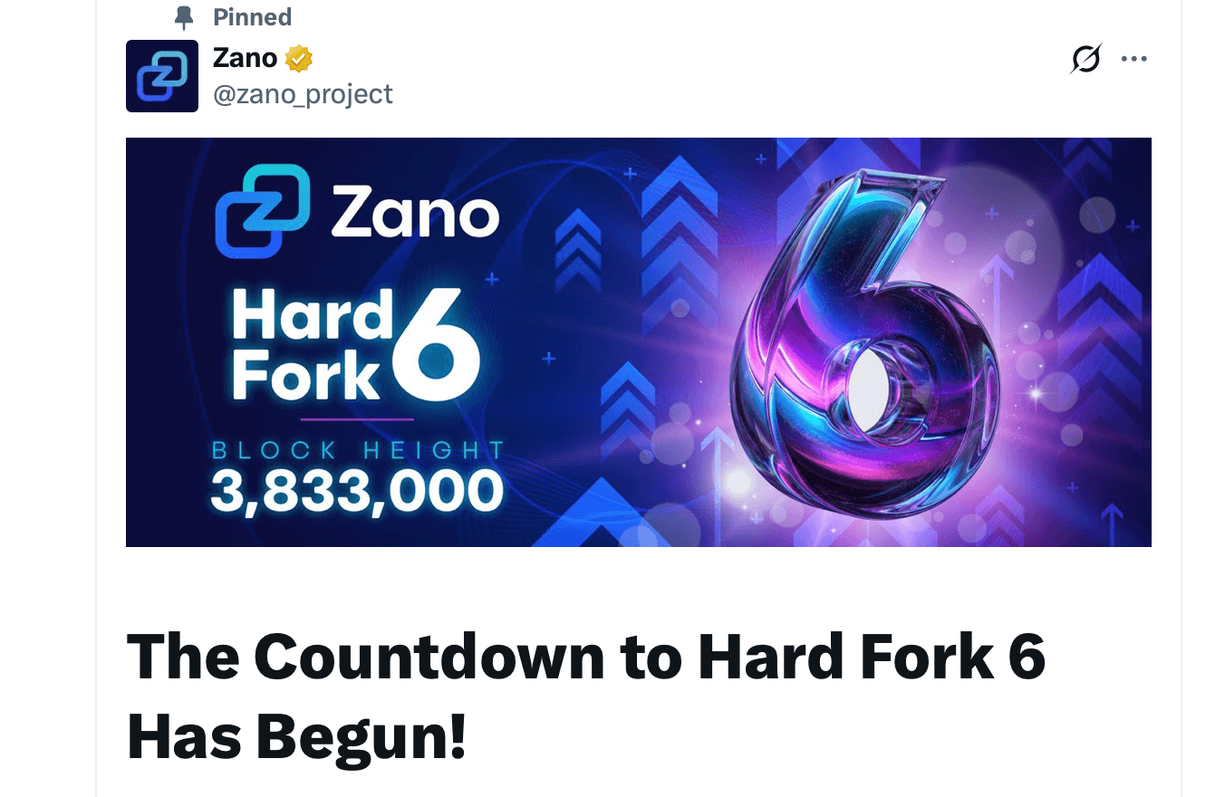 Zano Hard Fork 6 Targets Block 3,833,000 and a Broader Exchange Footprint Zano X post on Monday.