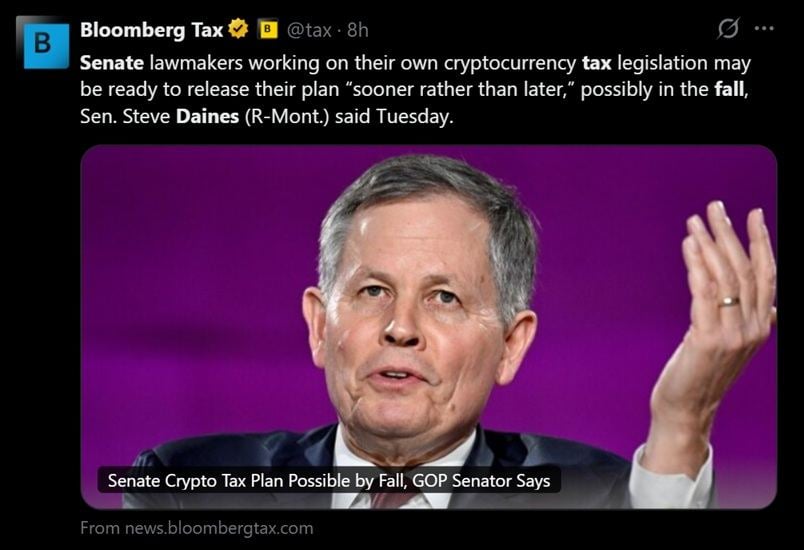 Tweet discussing Sen. Daines' propulsion  for a crypto taxation  measure  by extremity  of 2026.