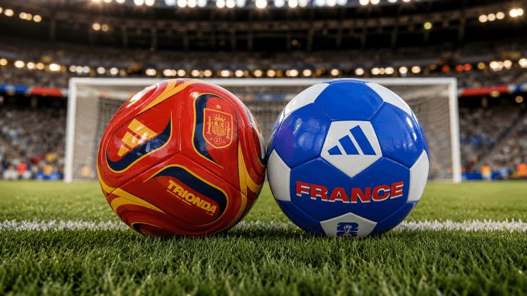Two soccer balls representing Spain and France rest on the grass in front of a World Cup stadium goal.