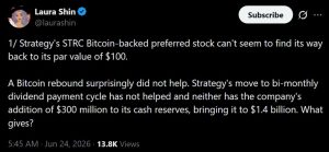 Tweet de Laura Shin discutant des problèmes de dividendes de Strategy.