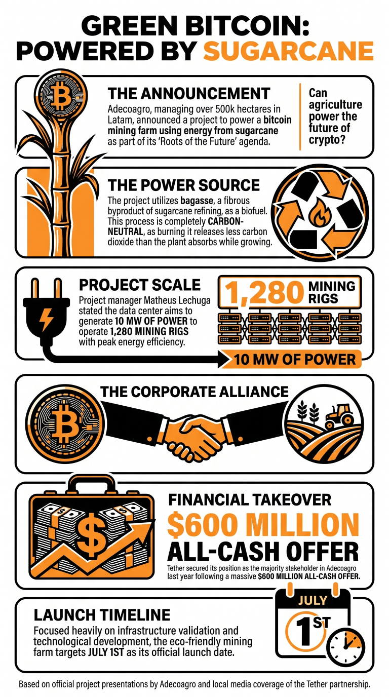 Infographic explaining Adecoagro's new sugarcane-powered bitcoin mining initiative