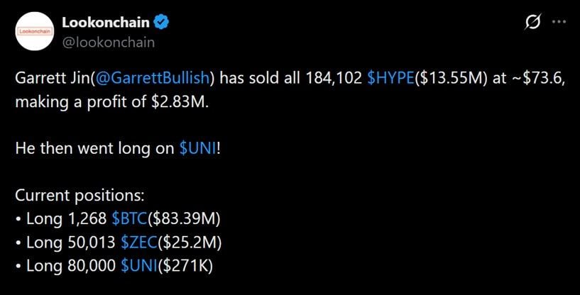 Tweet discussing ex-Bitforex head Garrett Jin's recent HYPE offload.