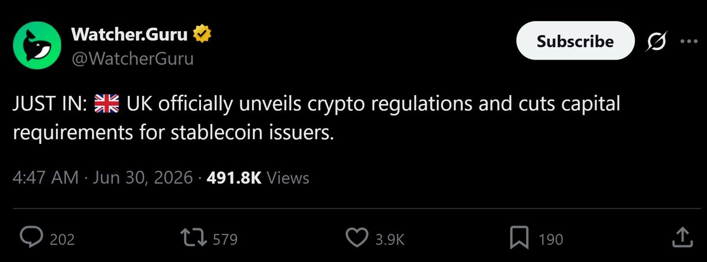 Tweet discussing the UK FCA's new crypto rulebook.