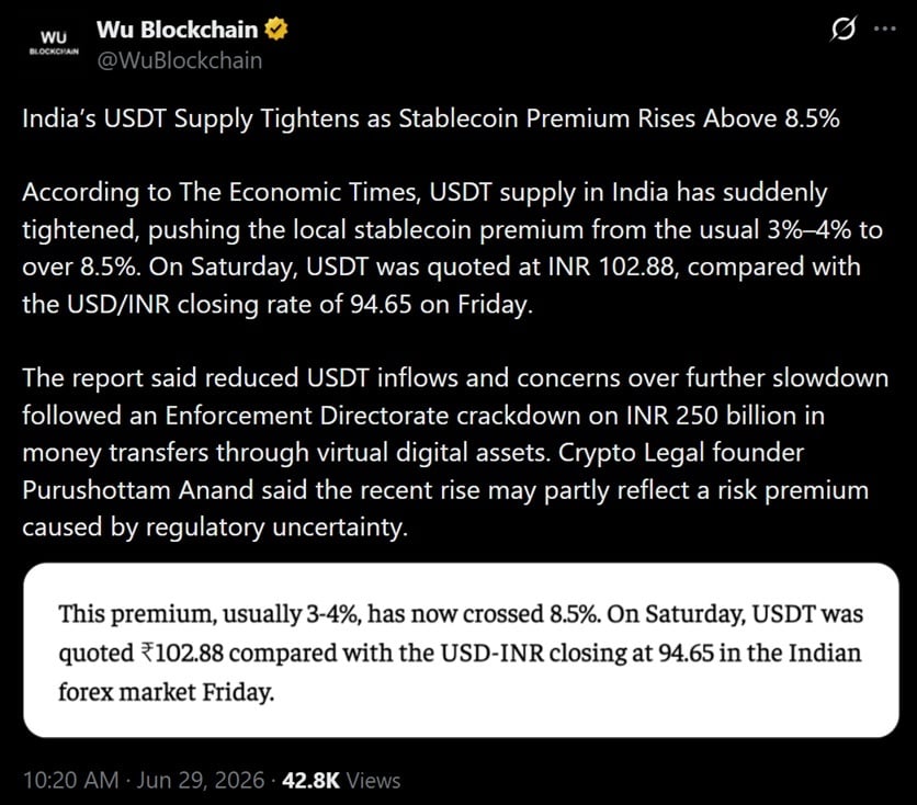 Tweet discussing India's steep USDT markup.