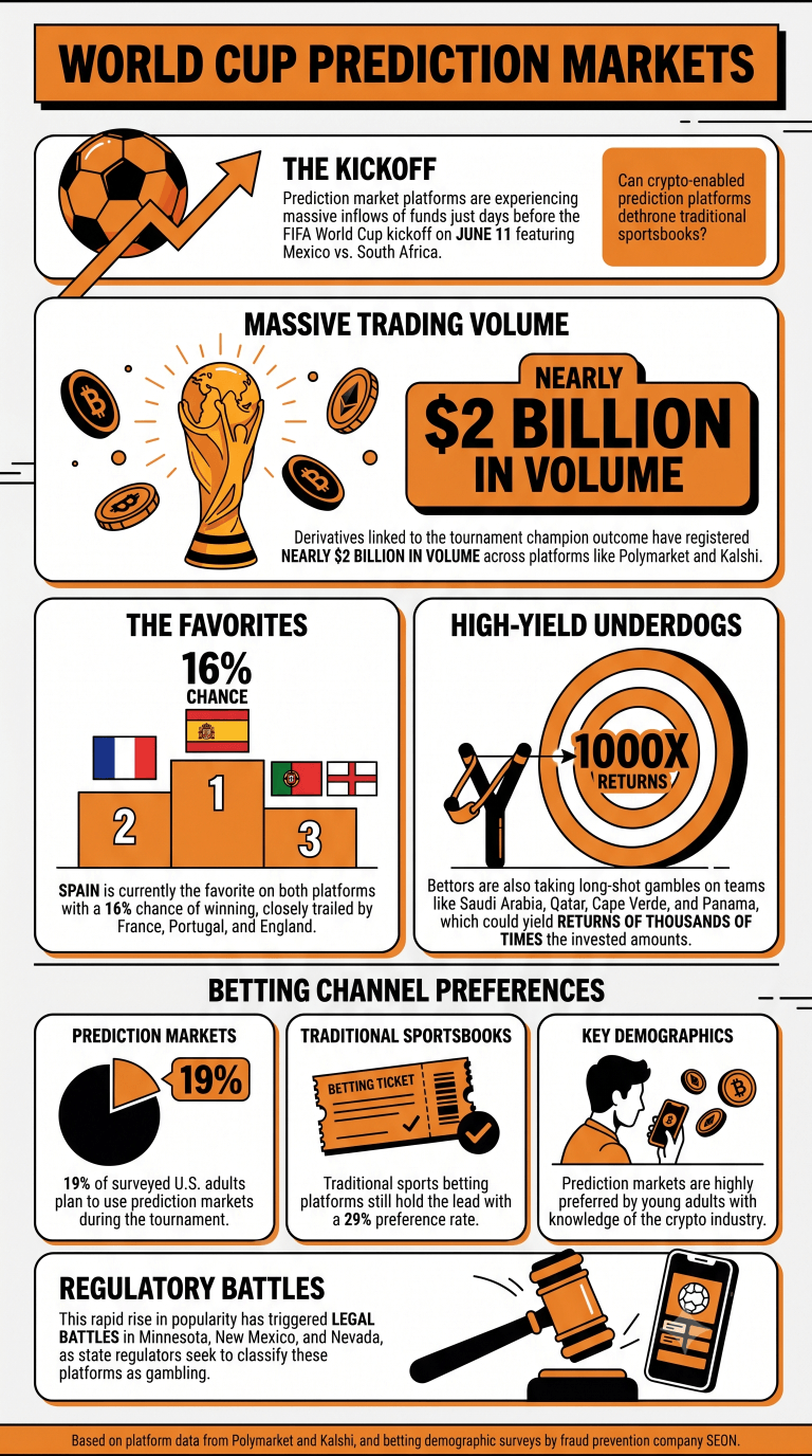 Infographic on FIFA World Cup's bet volumes in prediction markets
