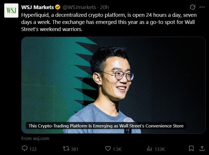 WSJ: Hyperliquid Has Become Wall Street's Go-to Weekend and After-Hours Perps Venue