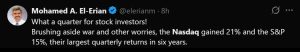 Tweet discutant de l'incroyable performance du Nasdaq au deuxième trimestre.