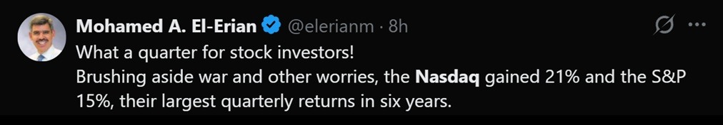 Tweet discussing Nasdaq's amazing Q2 performance.