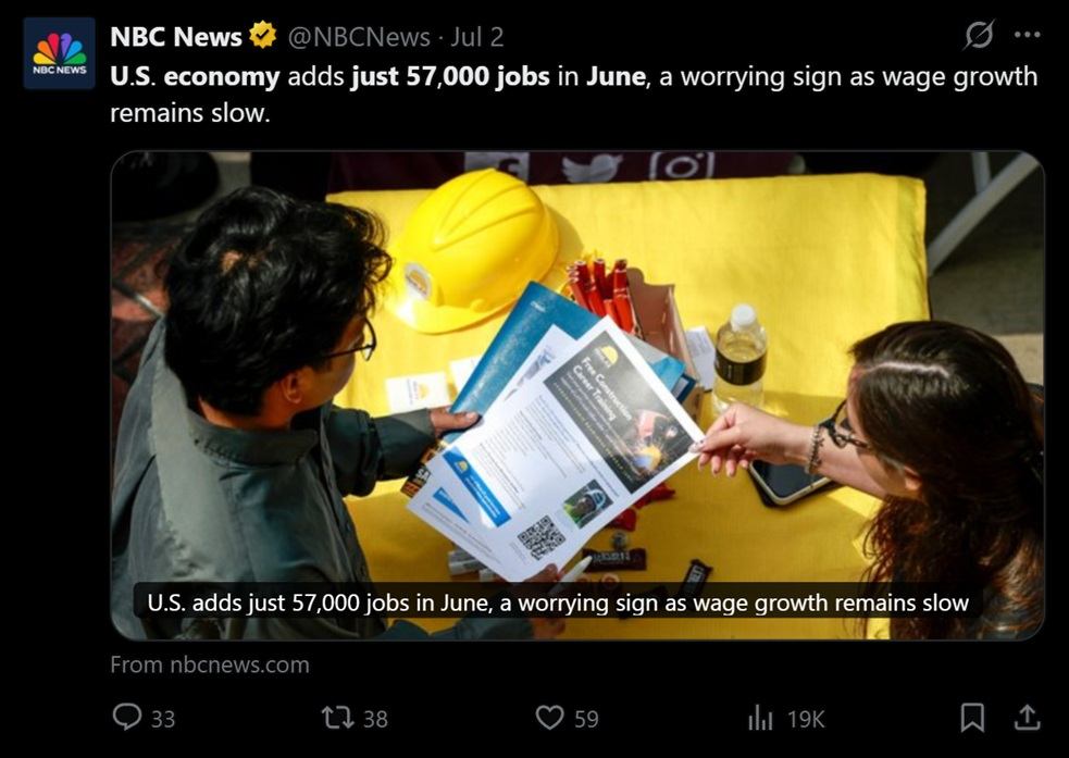 Tweet by NBC news discussing US job data.