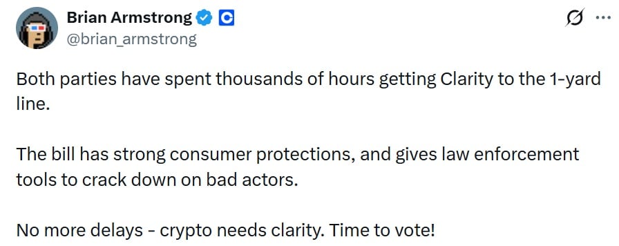 The CLARITY Act Is at the One-Yard Line: Coinbase Says ‘It’s Time to Get It Over the Finish Line’