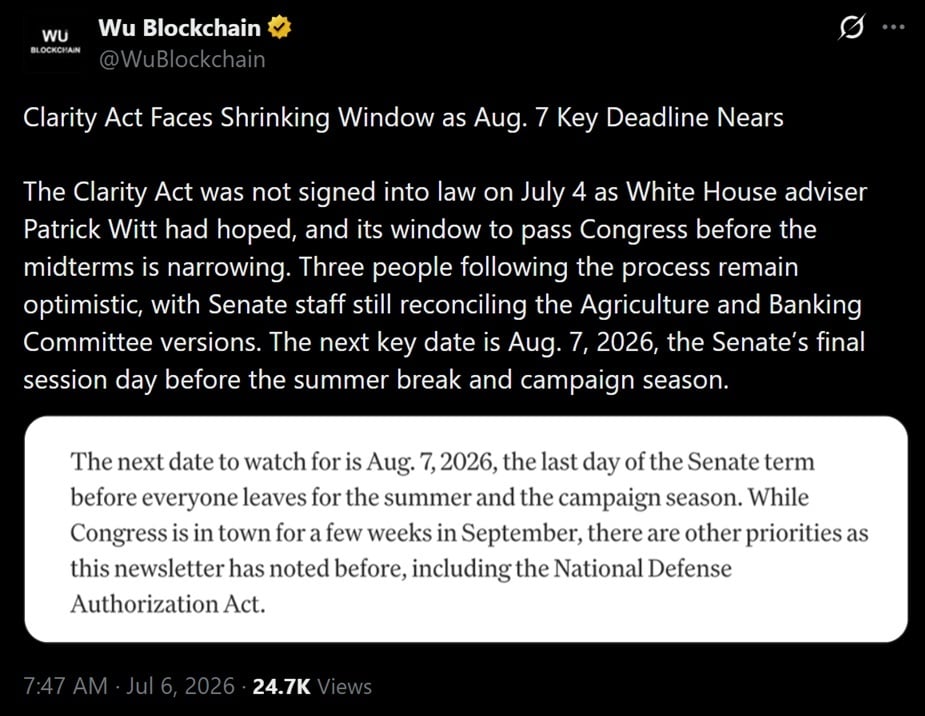 Tweet discussing CLARITY act's missed July 4th window