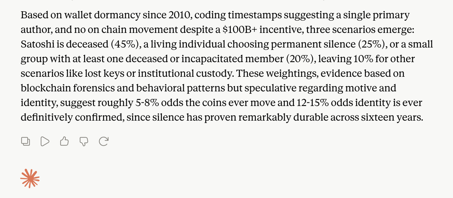 ChatGPT, Claude Fable and Grok Forecast Whether Satoshi’s 1.1M Bitcoin Fortune Ever Moves Claude Sonnet screenshot.