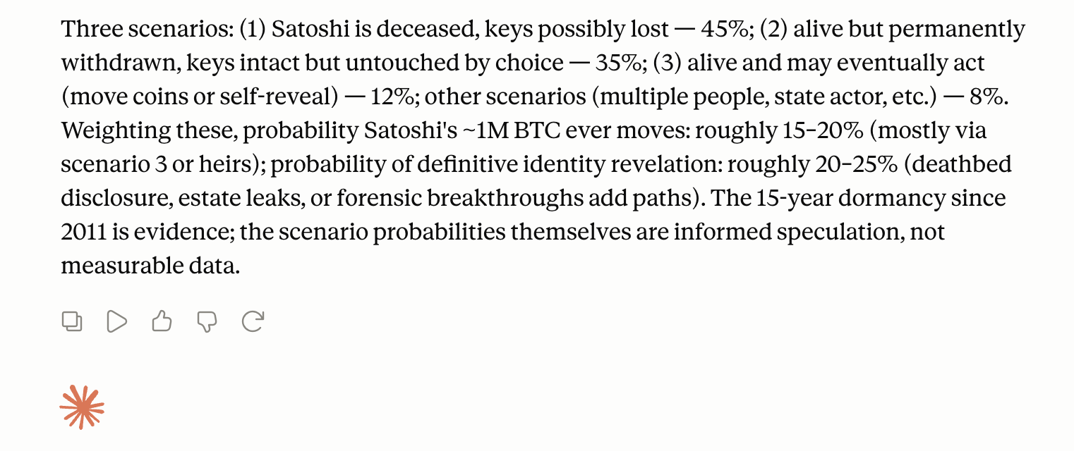 ChatGPT, Claude Fable and Grok Forecast Whether Satoshi’s 1.1M Bitcoin Fortune Ever Moves Claude Fable 5 high intelligence screenshot.