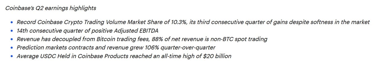 Excerpt of Coinbase's earnings call for Q2 2026.
