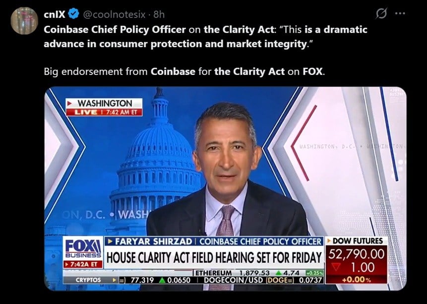 Coinbase CPO talking about clarity act