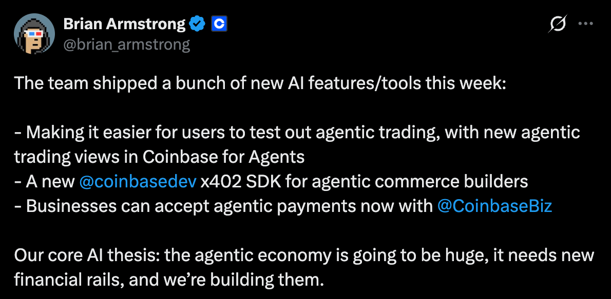 Coinbase Rolls Out AI Agents Payment for Business in USDC, Calls it a 'High-Conviction Bet'