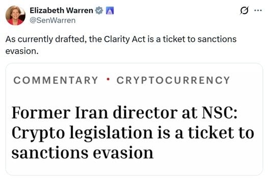 Coinbase Fires Back at Senator Warren Over CLARITY Act Sanctions Warning