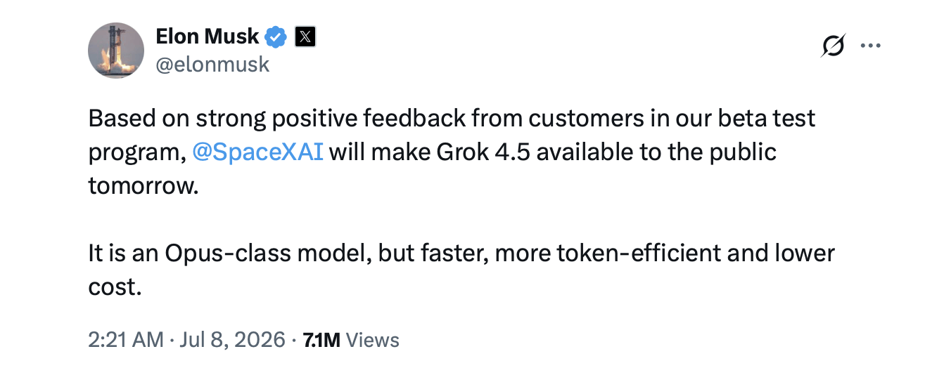AI Giants Unleash 4 Frontier Models in 3 Weeks as the Race Enters Overdrive Elon X post screenshot.