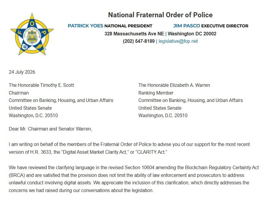 382,000-Member Police Group Supports Revised Crypto CLARITY Act