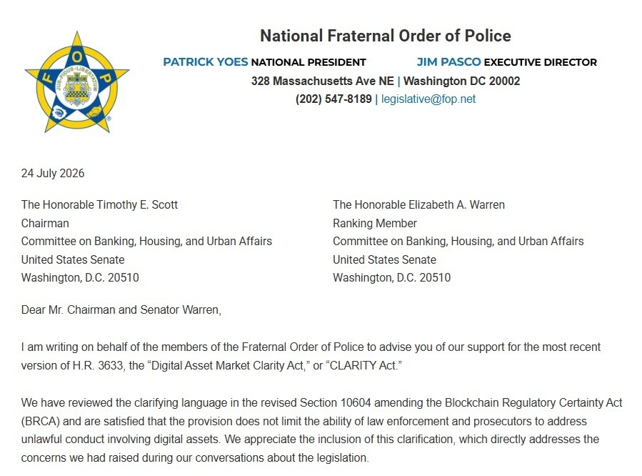 382,000-Member Police Group Supports Revised Crypto CLARITY Act 382,000-Member Police Group Supports Revised Crypto CLARITY Act