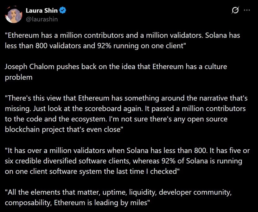 Tweet discussing former Blackrock exec Joseph Chalom's comments defending Ethereum.