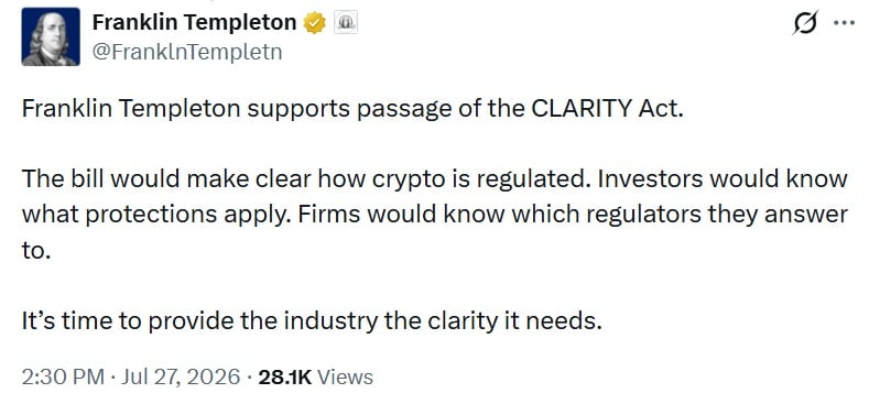 Franklin Templeton Joins Blackrock, Fidelity, Goldman Sachs in Backing CLARITY Act