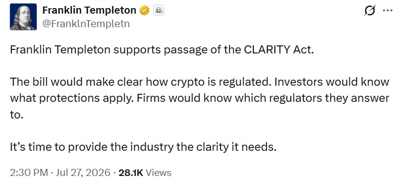 Franklin Templeton Joins Blackrock, Fidelity, Goldman Sachs in Backing CLARITY Act Franklin Templeton Joins Blackrock, Fidelity, Goldman Sachs in Backing CLARITY Act