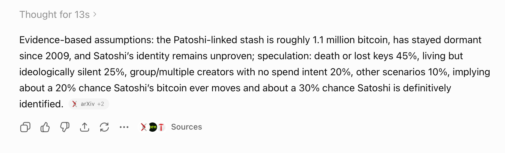 ChatGPT, Claude Fable and Grok Forecast Whether Satoshi’s 1.1M Bitcoin Fortune Ever Moves ChatGPT 5.5 high intelligence mode screenshot.