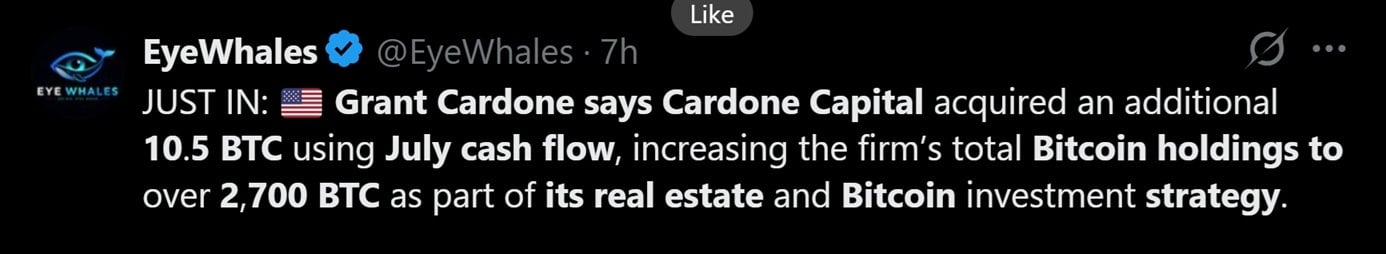 Tweet discussing Grant Cardone's latest BTC accumulation.