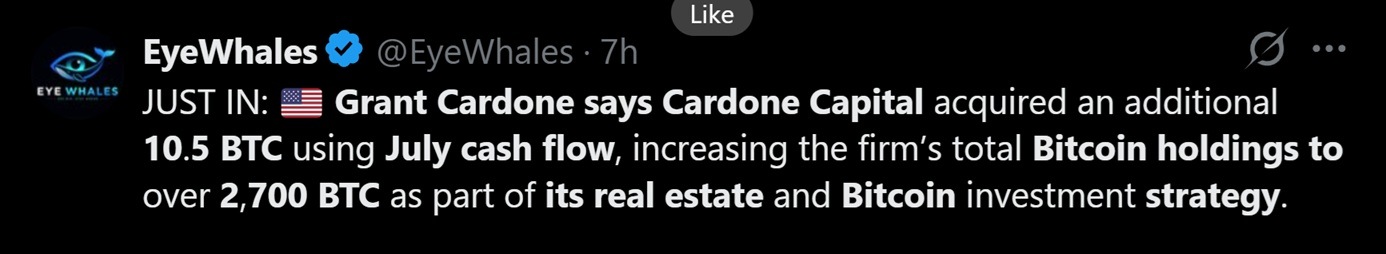 Tweet discussing Grant Cardone's latest BTC accumulation.