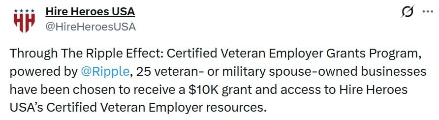 Ripple Commits $250,000 to 25 Veteran-Owned Businesses Through Hire Heroes USA Ripple Commits $250,000 to 25 Veteran-Owned Businesses Through Hire Heroes USA