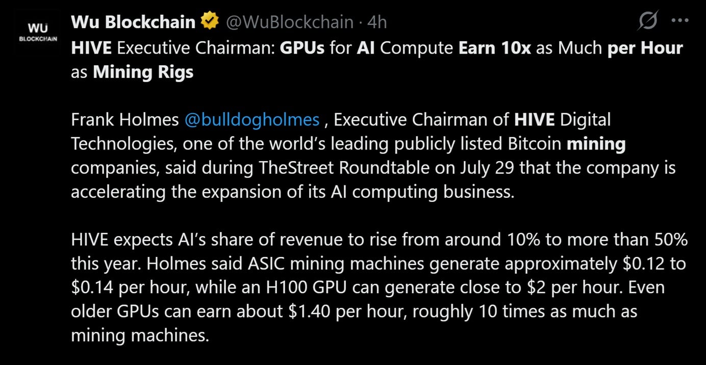 HIVE exec claims GPU's are earning more revenue BTC mining rigs.