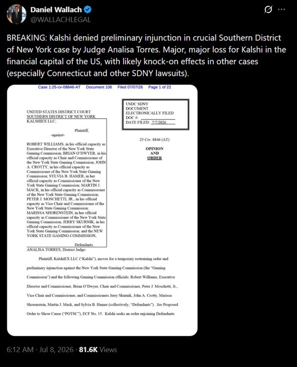 alshi denied preliminary injunction in crucial Southern District of New York case by Judge Analisa Torres.