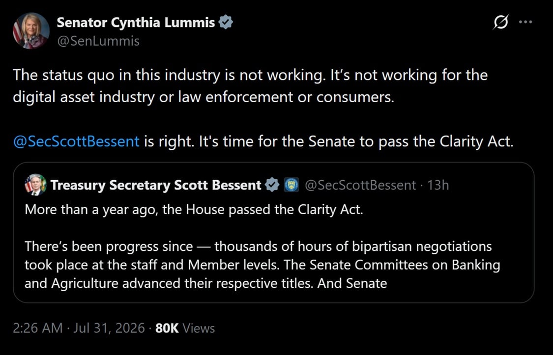 Sen Lummis latest comments on CLARITY Act