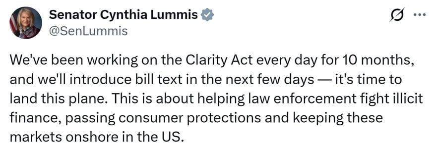 Senate CLARITY Act Ready for Prime Time, Bill Text Coming in Days: Senator Lummis Senate CLARITY Act Ready for Prime Time, Bill Text Coming in Days: Senator Lummis