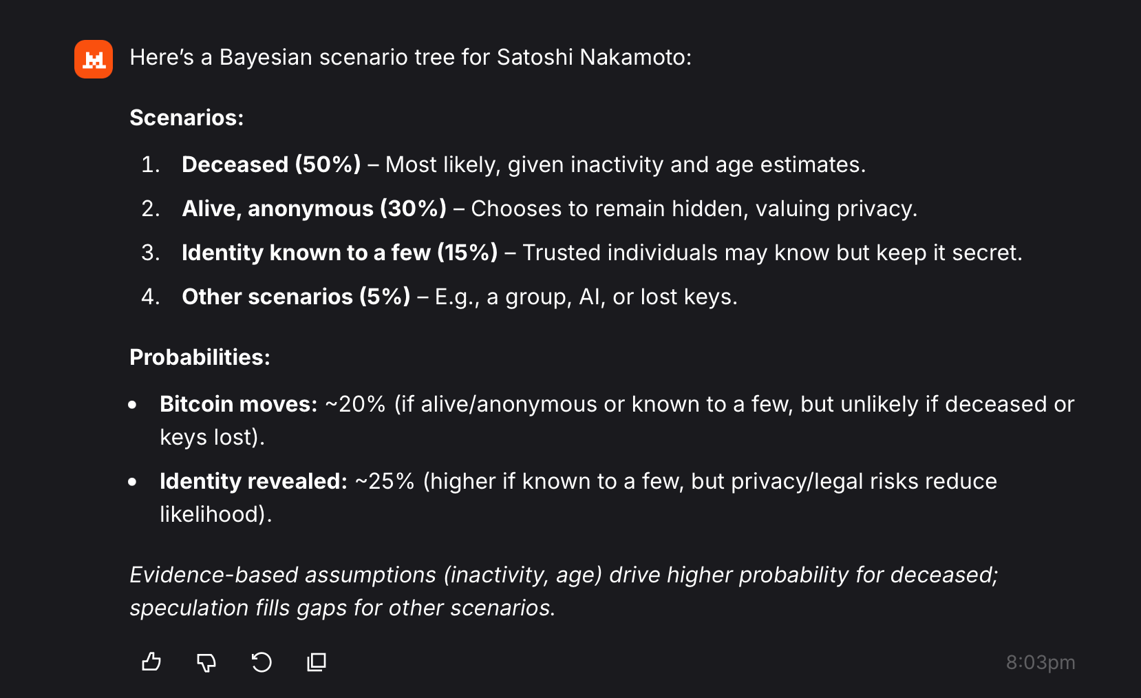 ChatGPT, Claude Fable and Grok Forecast Whether Satoshi’s 1.1M Bitcoin Fortune Ever Moves Mistral AI Vibe fast screenshot.