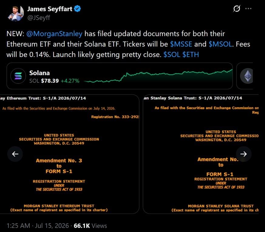 Morgan Stanley Updates Ethereum and Solana ETF Filings as Coinbase Takes Custody and Staking Role Morgan Stanley Updates Ethereum and Solana ETF Filings as Coinbase Takes Custody and Staking Role