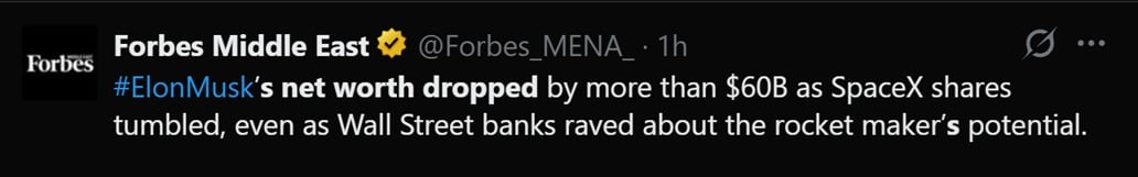 Forbes tweet discussing Musk's net worth.