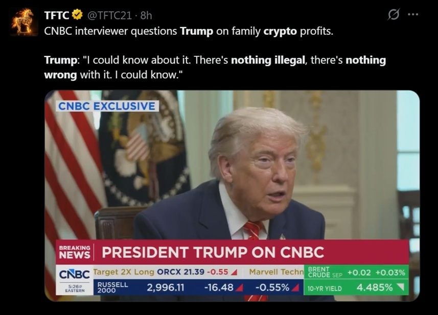 'Nothing Illegal, Nothing Wrong': Trump Defends $1.4 Billion Crypto Profits From 2025 'Nothing Illegal, Nothing Wrong': Trump Defends $1.4 Billion Crypto Profits From 2025