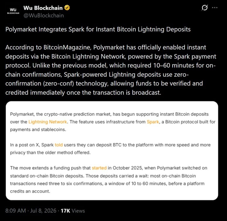 Polymarket Switches on Instant Bitcoin Lightning Deposits, Cutting 60-Minute Waits to Under a Second Polymarket Switches on Instant Bitcoin Lightning Deposits, Cutting 60-Minute Waits to Under a Second